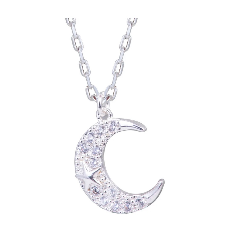 Silver crescent moon star necklace